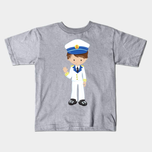 Boat Captain, Skipper, Brown Hair, Cute Boy Kids T-Shirt by Jelena Dunčević